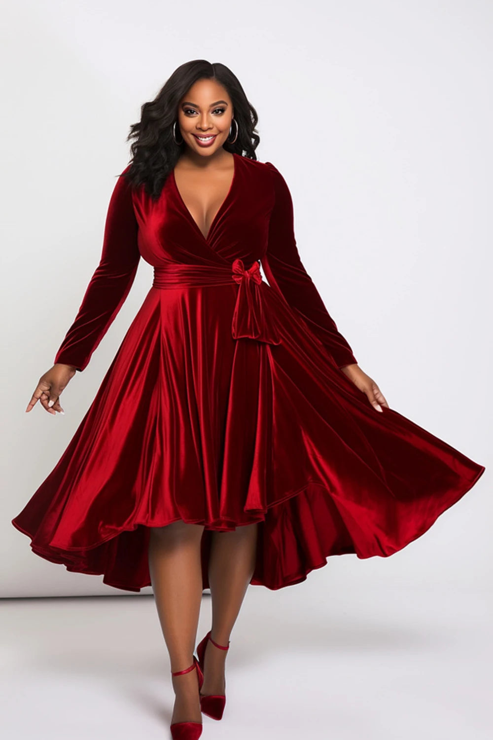Plus Size Cocktail Party Burgundy Wrap Neck Long Sleeve Wrap Pocket Velvet Midi Dresses