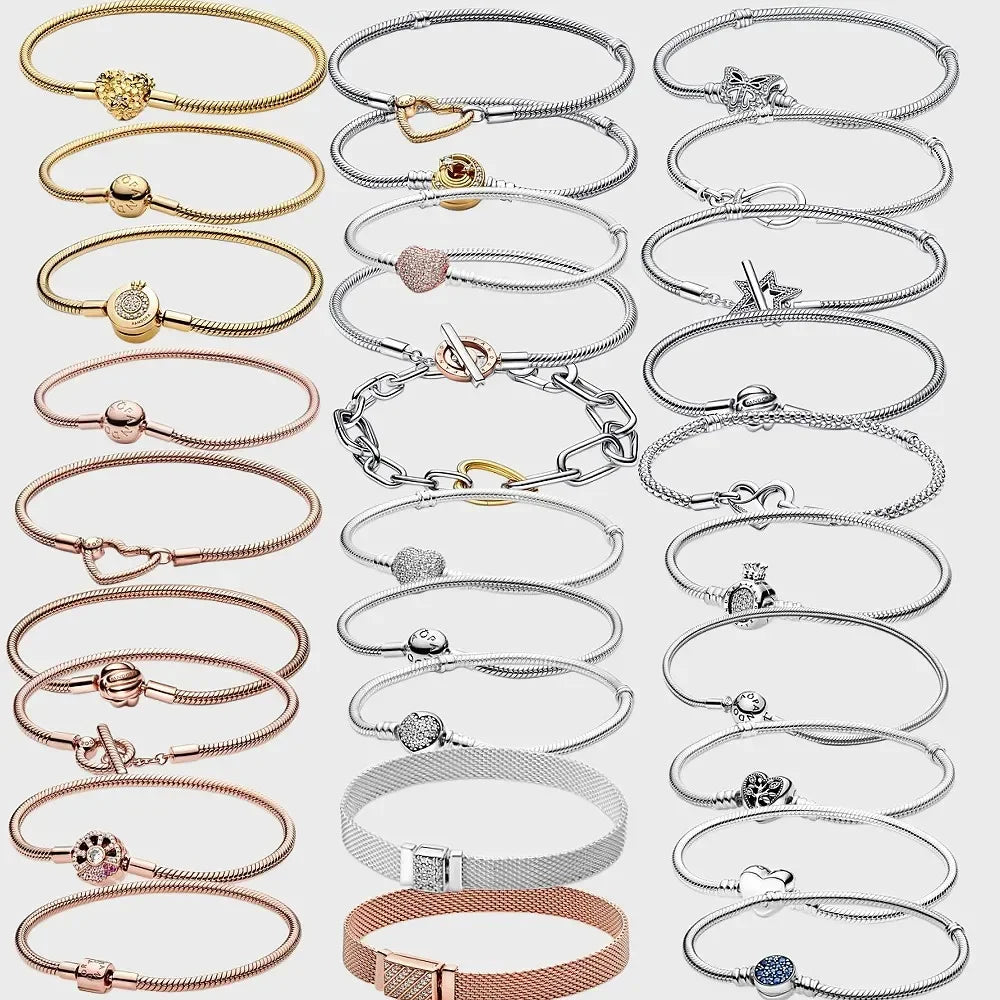 100%Original Logo Sterling Silver 925 Snake Chain Bracelet Suitable for Original Beads Ladies Charm DIY Beads JewelryGiftscharms