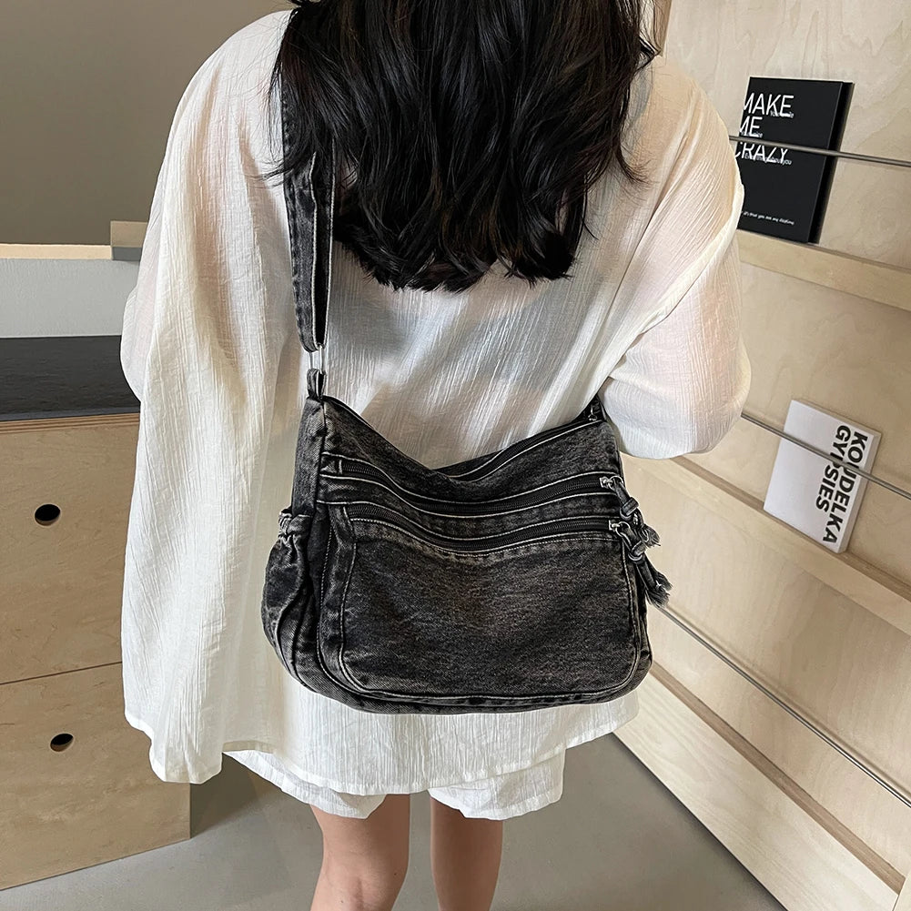 Women's Denim Crossbody Bag Large Capacity Shoulder Bag Adjustable Strap Vintage Satchel Bag Multi-pockets Casual Messenger Bags