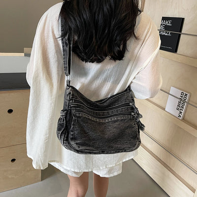 Women's Denim Crossbody Bag Large Capacity Shoulder Bag Adjustable Strap Vintage Satchel Bag Multi-pockets Casual Messenger Bags