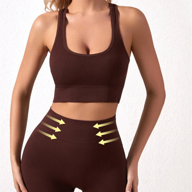 New solid color work back seamless knitting bra belly compression shorts sports running fitness yoga 2 piece set