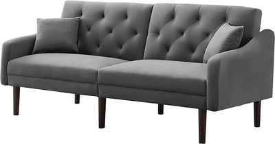 Convertible Sleeper Futon Sofa with 2 Pillows, Velvet Tufted Couch w/Metal Legs and Adjustable Backrest,Gray