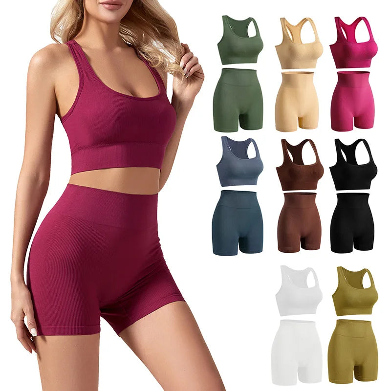 New solid color work back seamless knitting bra belly compression shorts sports running fitness yoga 2 piece set