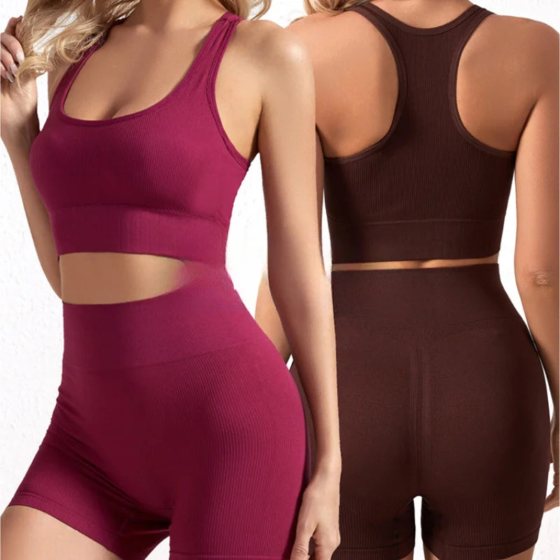 New solid color work back seamless knitting bra belly compression shorts sports running fitness yoga 2 piece set