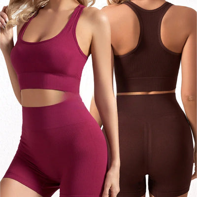 New solid color work back seamless knitting bra belly compression shorts sports running fitness yoga 2 piece set