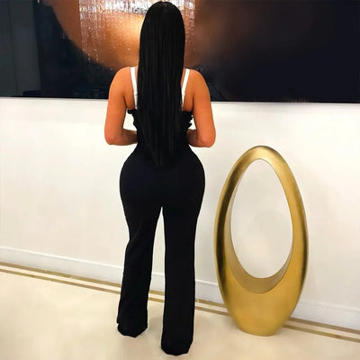Women V-Neck Backless Wide Leg Straight Sleeveless Jumpsuits Spring Patchwork Sexy One Piece Set Streetwear Outfits