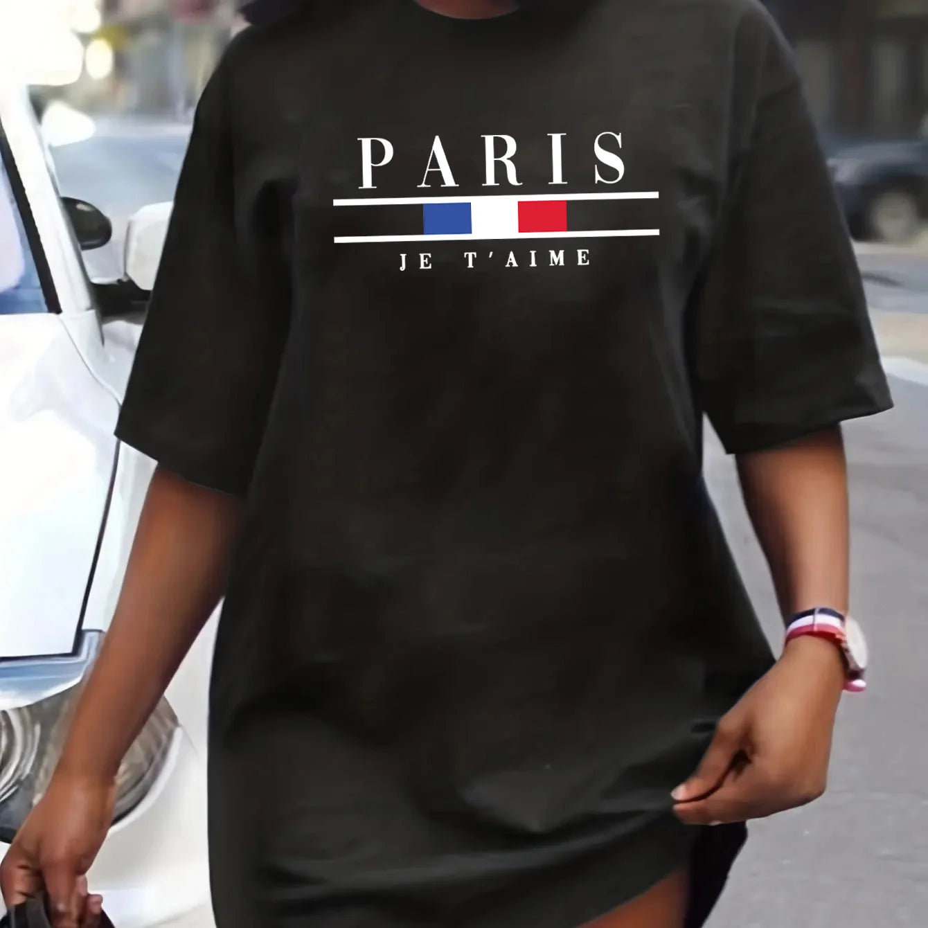 Women's summer PARIS letter Crew Neck Breathable print oversized casual round neck short sleeved mini T-shirt dress