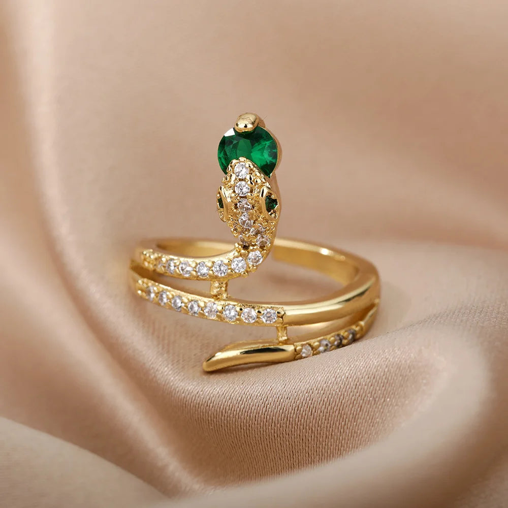 Stainless Steel Snake Rings For Women Men Gold Plated Open Adjustable Zircon Ring Vintage Gothic Aesthetic Jewelry anillos mujer