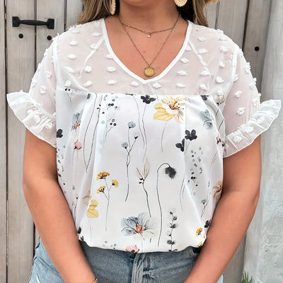 Plus Size Floral Print Swiss Dot BlouseElegant Patchwork V Neck Short Sleeve Blouse For Spring  Summer Women's Plus Size Clo