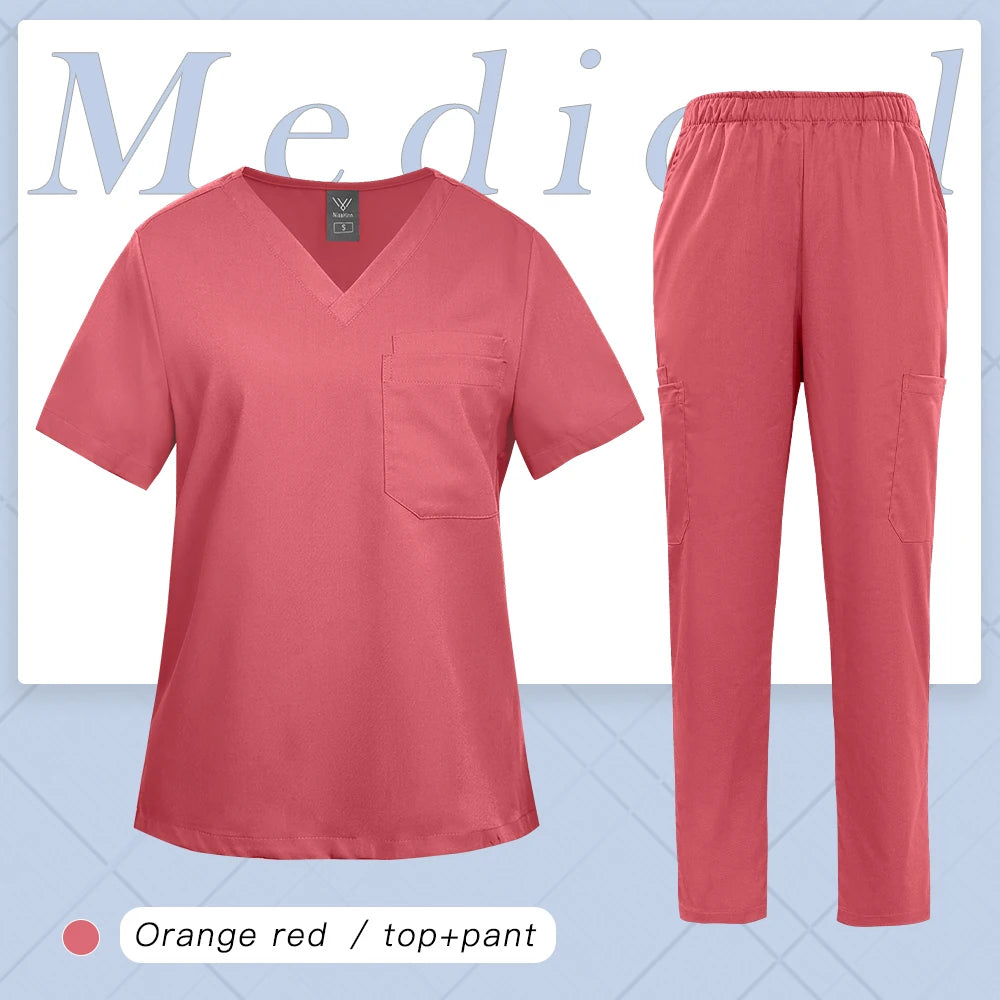 Multicolor Women Uniform V-neck Top+Pcoket Pants Nursing Surgical Uniform Men Pet Shop Doctor Medical Surgery Workwear Scrub Set