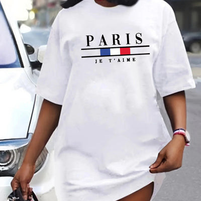 Women's summer PARIS letter Crew Neck Breathable print oversized casual round neck short sleeved mini T-shirt dress