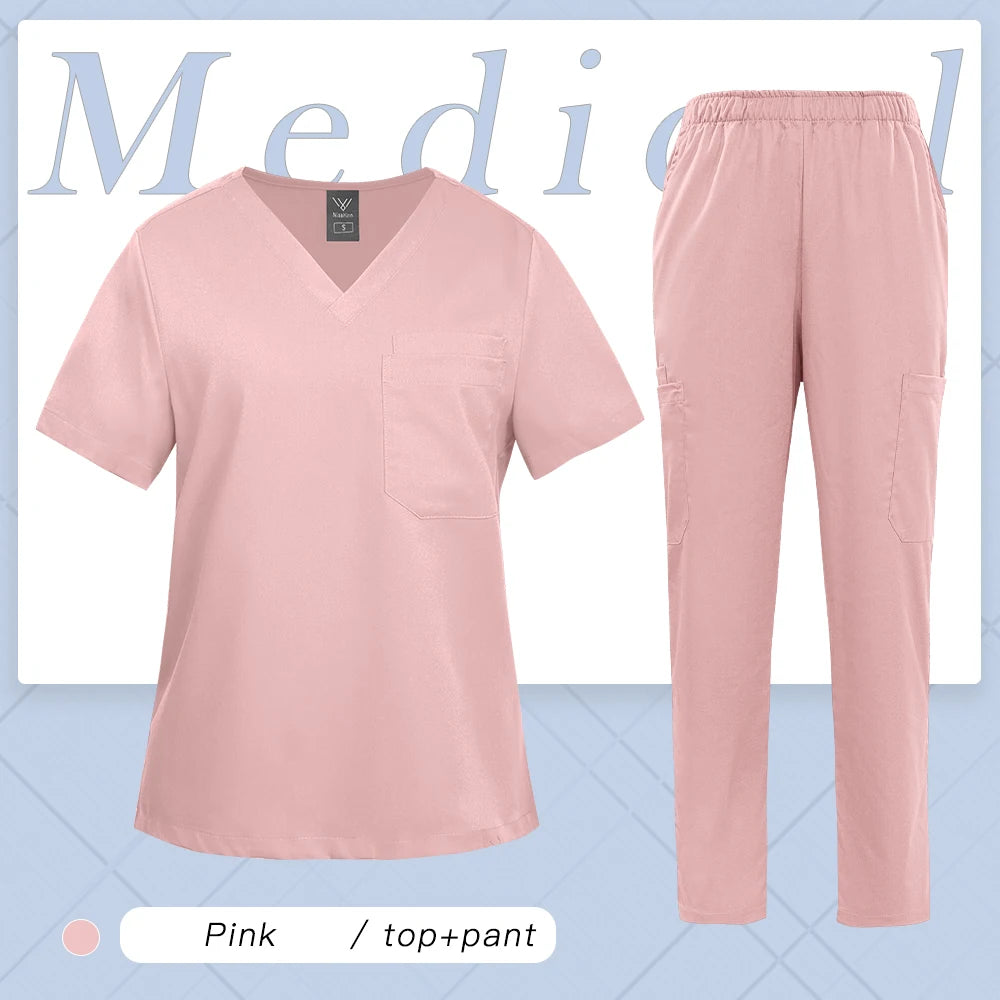 Multicolor Women Uniform V-neck Top+Pcoket Pants Nursing Surgical Uniform Men Pet Shop Doctor Medical Surgery Workwear Scrub Set