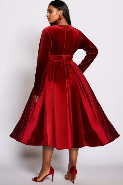 Plus Size Cocktail Party Burgundy Wrap Neck Long Sleeve Wrap Pocket Velvet Midi Dresses
