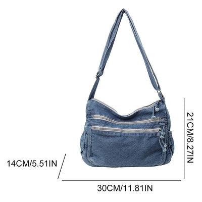 Women's Denim Crossbody Bag Large Capacity Shoulder Bag Adjustable Strap Vintage Satchel Bag Multi-pockets Casual Messenger Bags
