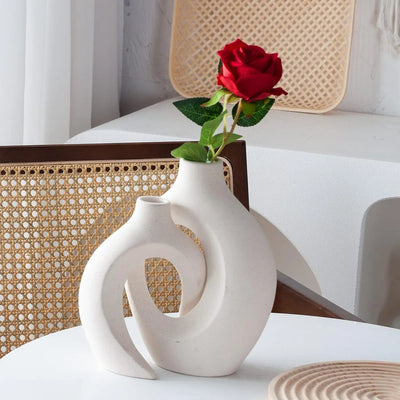 White Ceramic Vase Set of 2 for  Home Decor, Boho Donut Vases Nordic Minimalist Decorative Vase