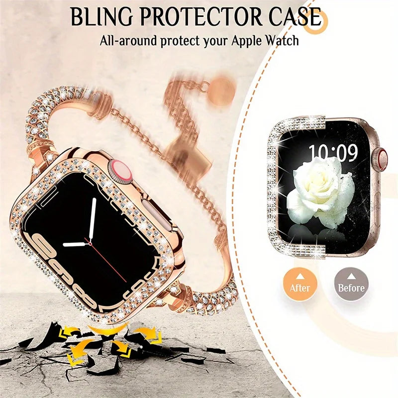 Stainless Steel Strap + Diamond Case For Apple Watch Ultra 2 1 49mm Bracelet For Iwatch 9 8 7 6 5 4 SE 45MM 41MM 42MM 44MM 40MM