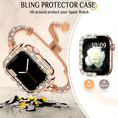 Stainless Steel Strap + Diamond Case For Apple Watch Ultra 2 1 49mm Bracelet For Iwatch 9 8 7 6 5 4 SE 45MM 41MM 42MM 44MM 40MM