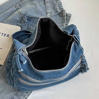 Women's Denim Crossbody Bag Large Capacity Shoulder Bag Adjustable Strap Vintage Satchel Bag Multi-pockets Casual Messenger Bags