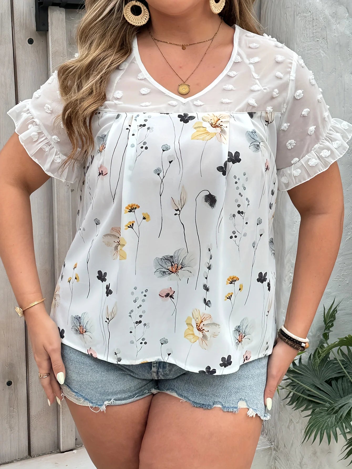 Plus Size Floral Print Swiss Dot BlouseElegant Patchwork V Neck Short Sleeve Blouse For Spring  Summer Women's Plus Size Clo