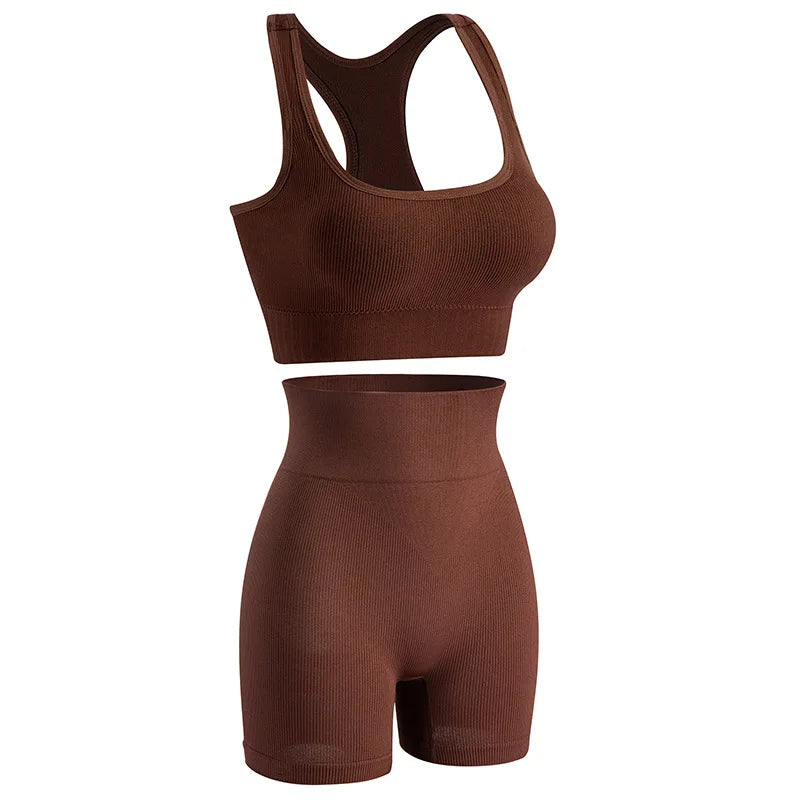New solid color work back seamless knitting bra belly compression shorts sports running fitness yoga 2 piece set