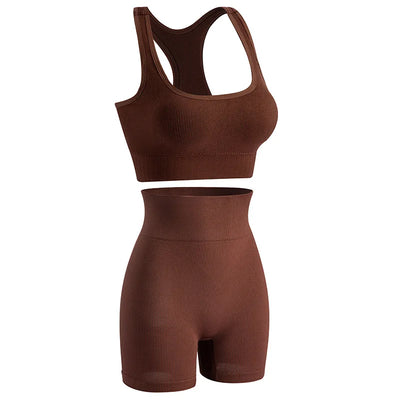 New solid color work back seamless knitting bra belly compression shorts sports running fitness yoga 2 piece set