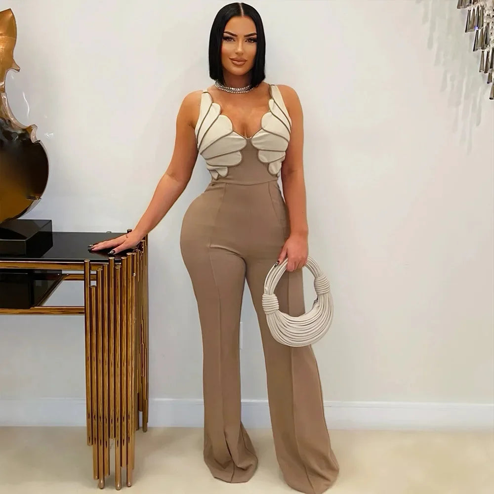 Women V-Neck Backless Wide Leg Straight Sleeveless Jumpsuits Spring Patchwork Sexy One Piece Set Streetwear Outfits