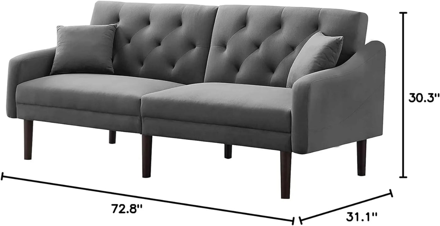 Convertible Sleeper Futon Sofa with 2 Pillows, Velvet Tufted Couch w/Metal Legs and Adjustable Backrest,Gray
