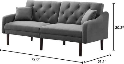 Convertible Sleeper Futon Sofa with 2 Pillows, Velvet Tufted Couch w/Metal Legs and Adjustable Backrest,Gray