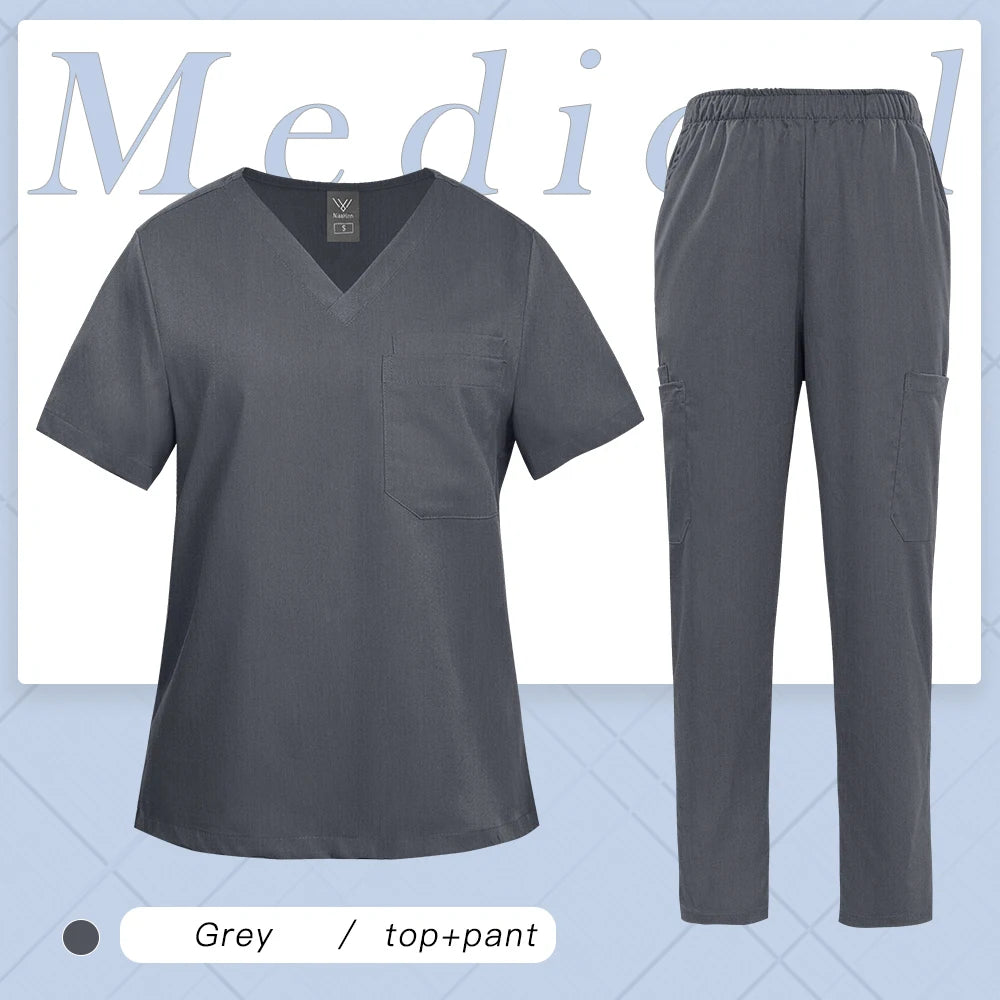 Multicolor Women Uniform V-neck Top+Pcoket Pants Nursing Surgical Uniform Men Pet Shop Doctor Medical Surgery Workwear Scrub Set