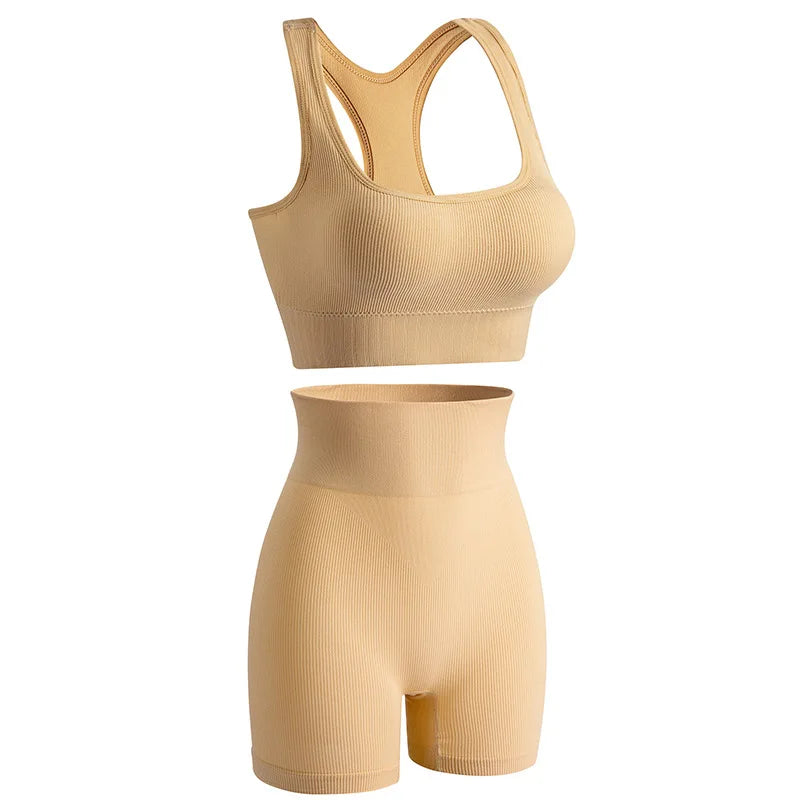 New solid color work back seamless knitting bra belly compression shorts sports running fitness yoga 2 piece set