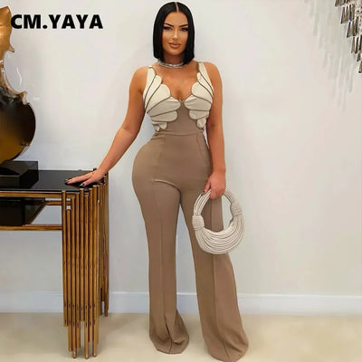 Women V-Neck Backless Wide Leg Straight Sleeveless Jumpsuits Spring Patchwork Sexy One Piece Set Streetwear Outfits