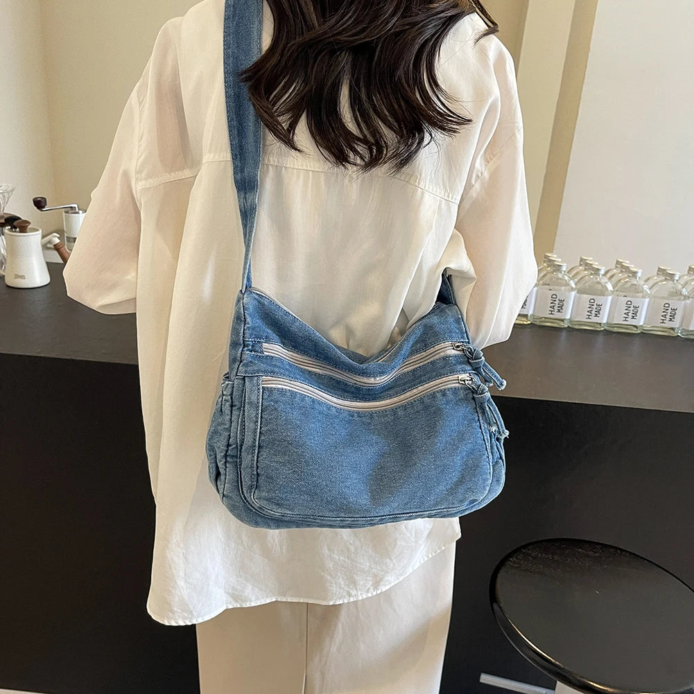 Women's Denim Crossbody Bag Large Capacity Shoulder Bag Adjustable Strap Vintage Satchel Bag Multi-pockets Casual Messenger Bags