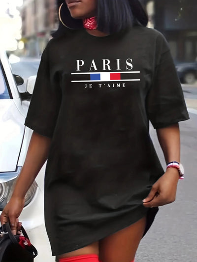 Women's summer PARIS letter Crew Neck Breathable print oversized casual round neck short sleeved mini T-shirt dress