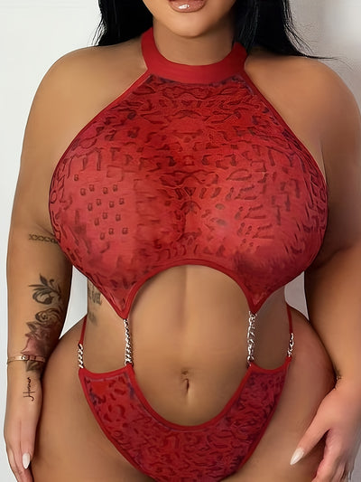 Hot Leopard Print Chain Linked Teddy, Halter Backless Thong Bodysuit, Women's Sexy Lingerie & Underwear