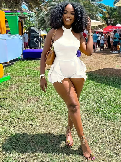 Women's Sexy Halter-Neck Romper with Flirty Ruffle Hem - Sleeveless Vibrant Yellow Stretchy Machine-Washable Jumpsuit for Spring/Summer Outings, Beach Parties & Casual Wear, Beach Dresses