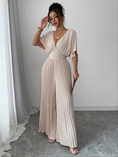 Women's Solid Deep V-Neck Bat Wing Pleat Elegant Jumpsuit