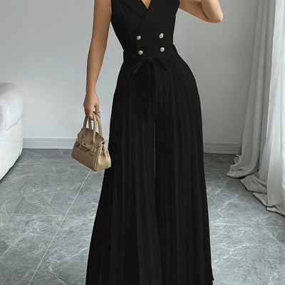 Elegant Apricot Double-Breasted Pleated Jumpsuit for Women - High-Waisted, Sleeveless, Polyester Blend, Perfect for Spring & Fall, Adult Size, Elegant Attire|Sleek Fitted Jumpsuit|Polyester Blend Jumpsui