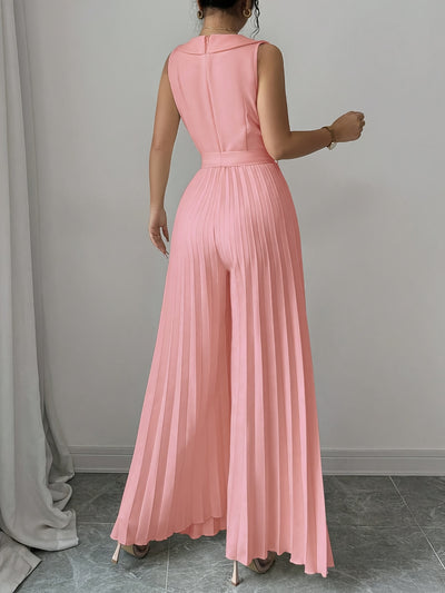 Elegant Apricot Double-Breasted Pleated Jumpsuit for Women - High-Waisted, Sleeveless, Polyester Blend, Perfect for Spring & Fall, Adult Size, Elegant Attire|Sleek Fitted Jumpsuit|Polyester Blend Jumpsui