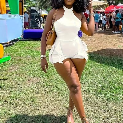Women's Sexy Halter-Neck Romper with Flirty Ruffle Hem - Sleeveless Vibrant Yellow Stretchy Machine-Washable Jumpsuit for Spring/Summer Outings, Beach Parties & Casual Wear, Beach Dresses