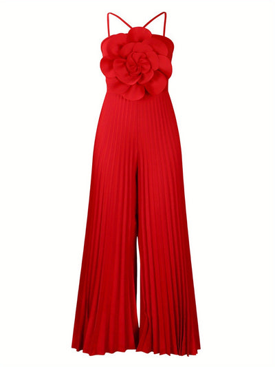 Women'S European And American Summer Hanging Neck Three-Dimensional Flower Solid Color Wide Leg Plus Size Foreign Trade Jumpsuit