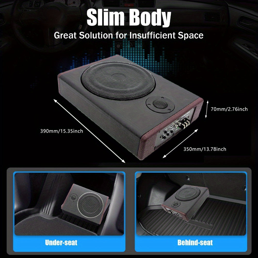 10 Inch 600 Car Audio Slim Under-Seat Subwoofer High Power Car Active Sub Bass Speaker Kit with Treble Function Built-in Power Amplifier for Car Truck SUV RV, Without Battery