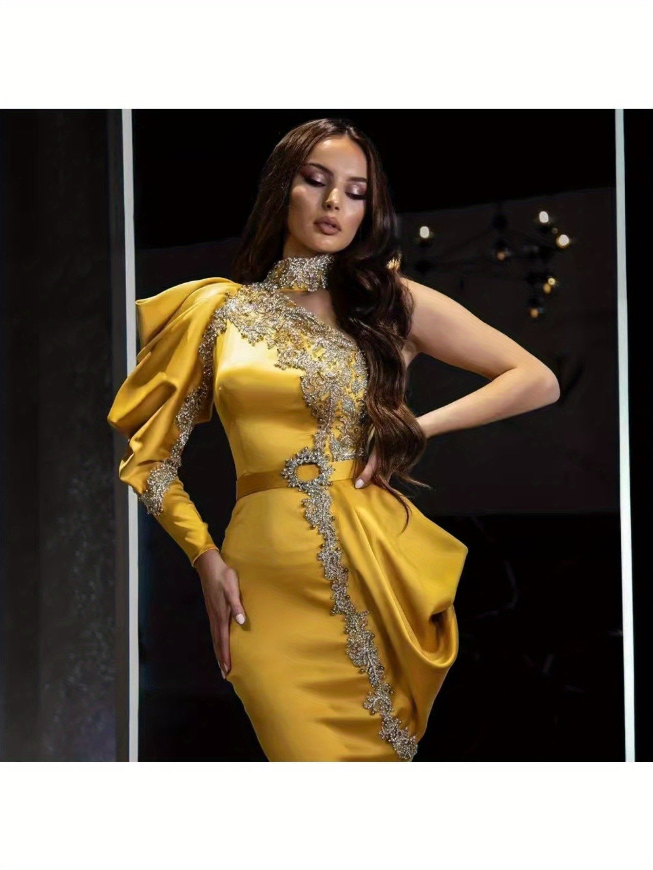 Women's Elegant Off-Shoulder Evening Gown - Vibrant Yellow Golden Sequin Embellished Mermaid Party Dress for Galas, Sophisticated Craftsmanship