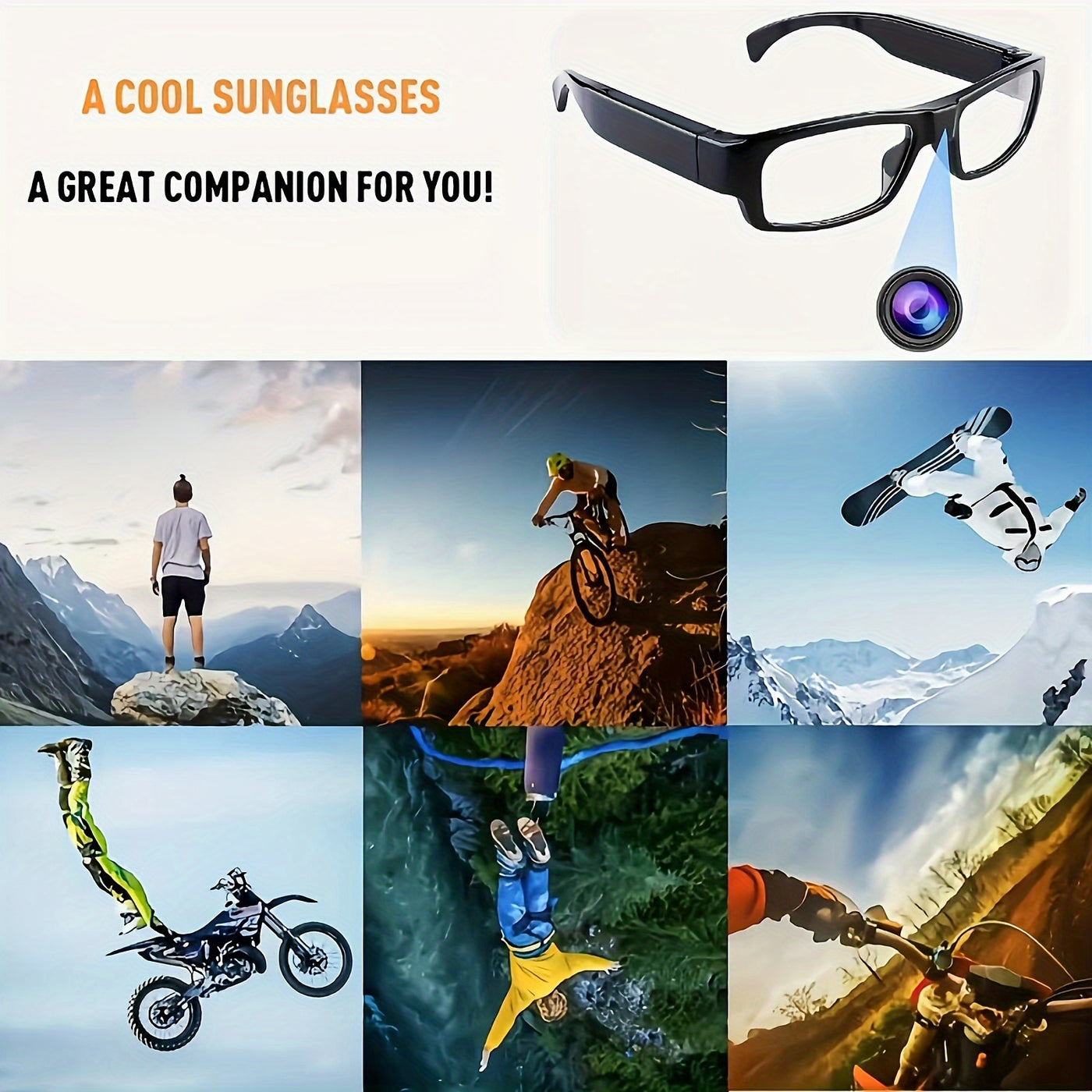 Video Glasses, Portable Camera Glasses, 1080P Sports Camera, Outdoor Cyclingmini Camera Glasses, with 64GB Storage Card