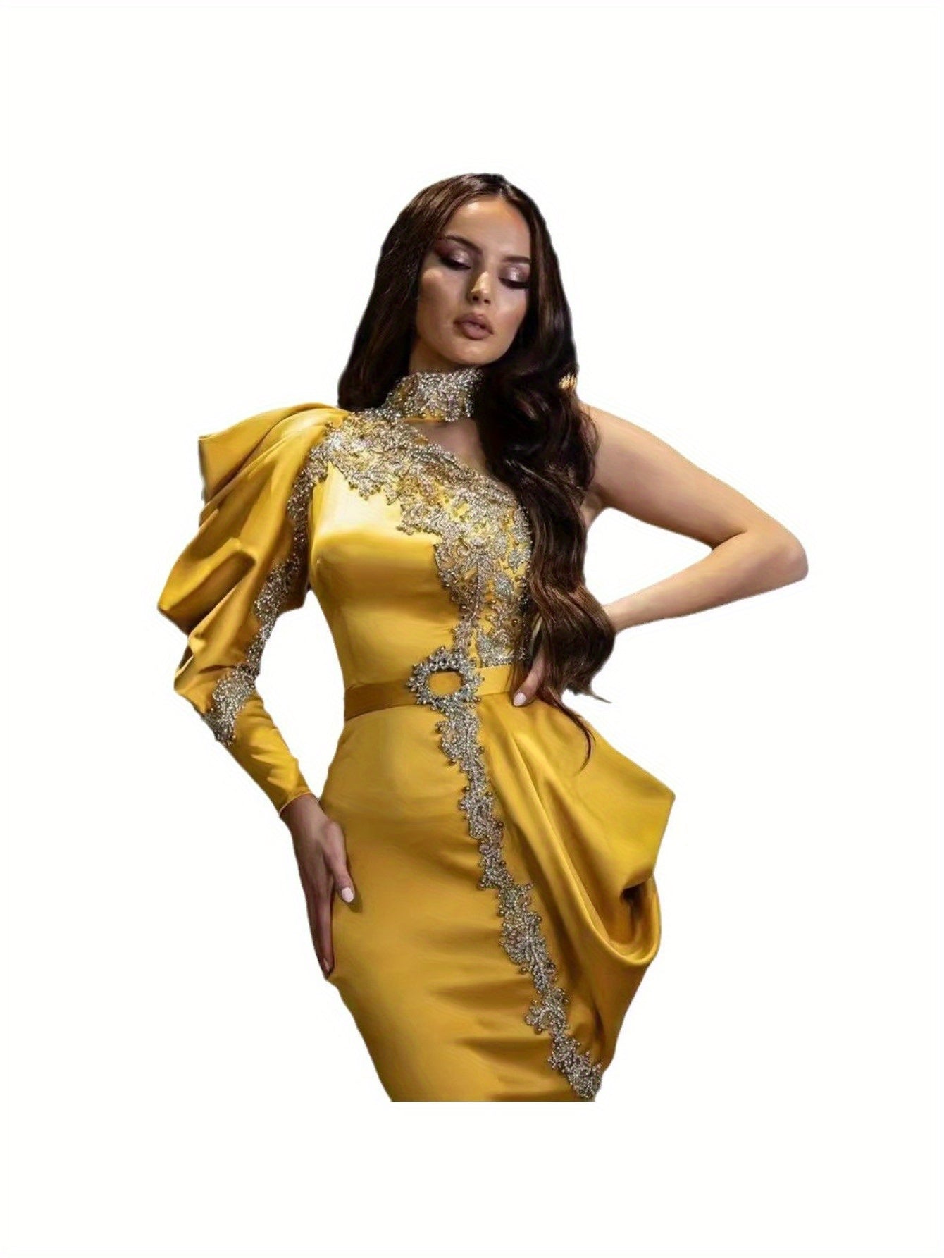 Women's Elegant Off-Shoulder Evening Gown - Vibrant Yellow Golden Sequin Embellished Mermaid Party Dress for Galas, Sophisticated Craftsmanship