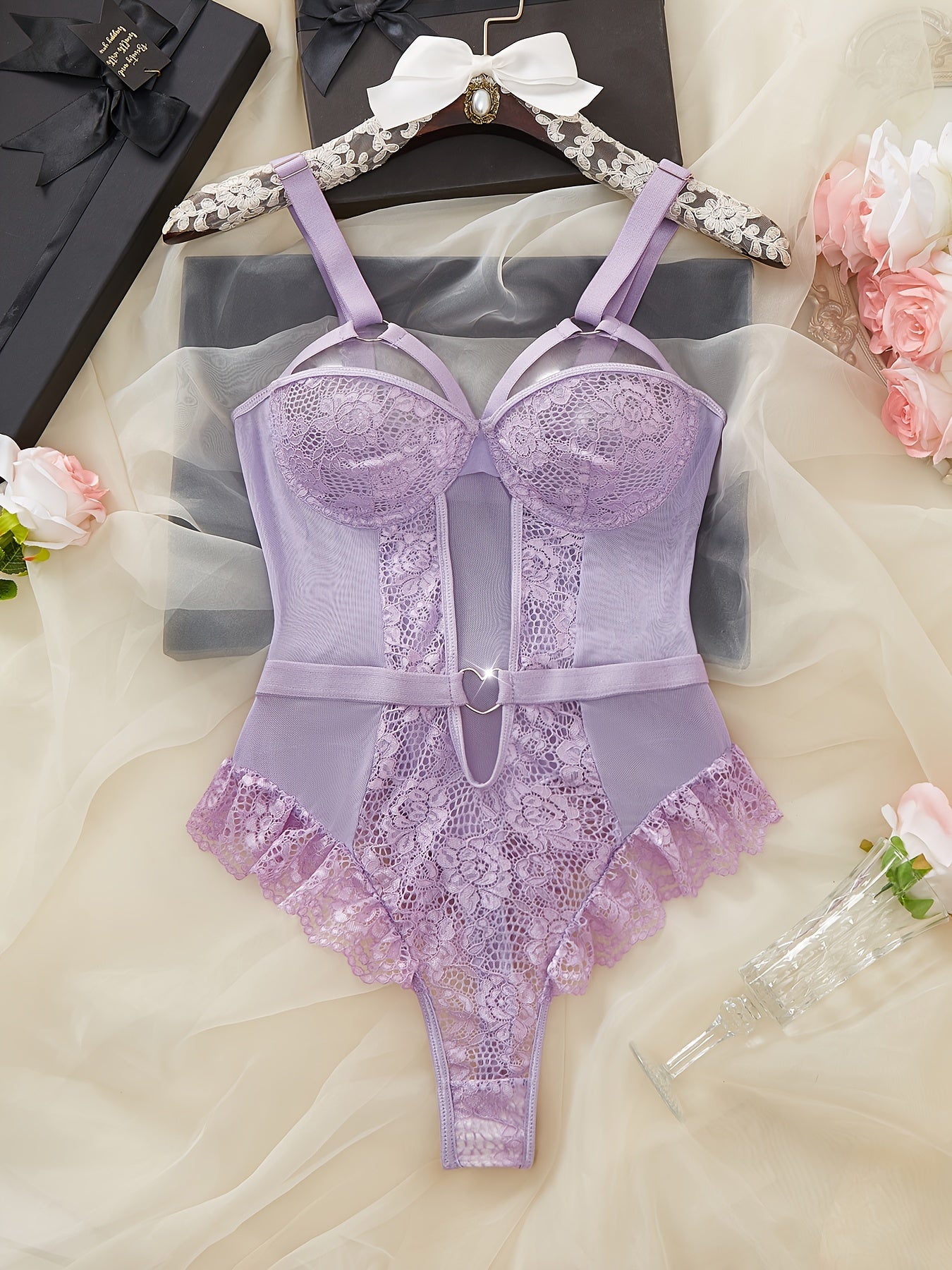 Hot Contrast Lace Teddy, Lettuce Trim Heart Decor Cut Out Strappy Thong Bodysuit, Women's Sexy Lingerie & Underwear