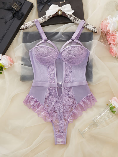 Hot Contrast Lace Teddy, Lettuce Trim Heart Decor Cut Out Strappy Thong Bodysuit, Women's Sexy Lingerie & Underwear