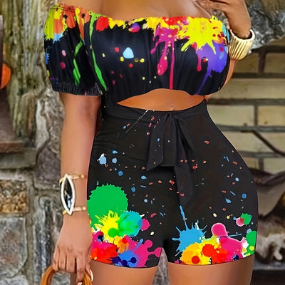 Off Shoulder Romper, Vacation Style Short Sleeve Lace Up Romper Jumpsuit For Spring & Summer, Women's Clothing
