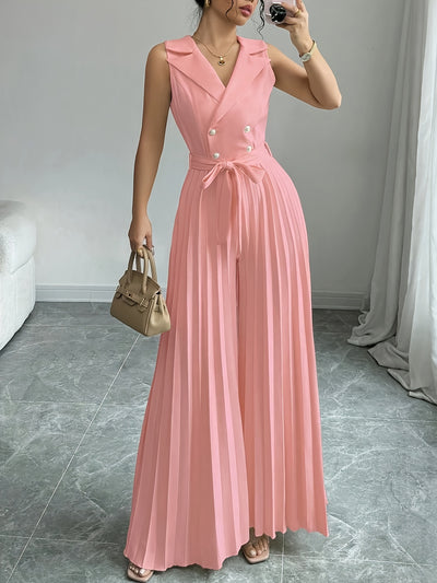 Elegant Apricot Double-Breasted Pleated Jumpsuit for Women - High-Waisted, Sleeveless, Polyester Blend, Perfect for Spring & Fall, Adult Size, Elegant Attire|Sleek Fitted Jumpsuit|Polyester Blend Jumpsui