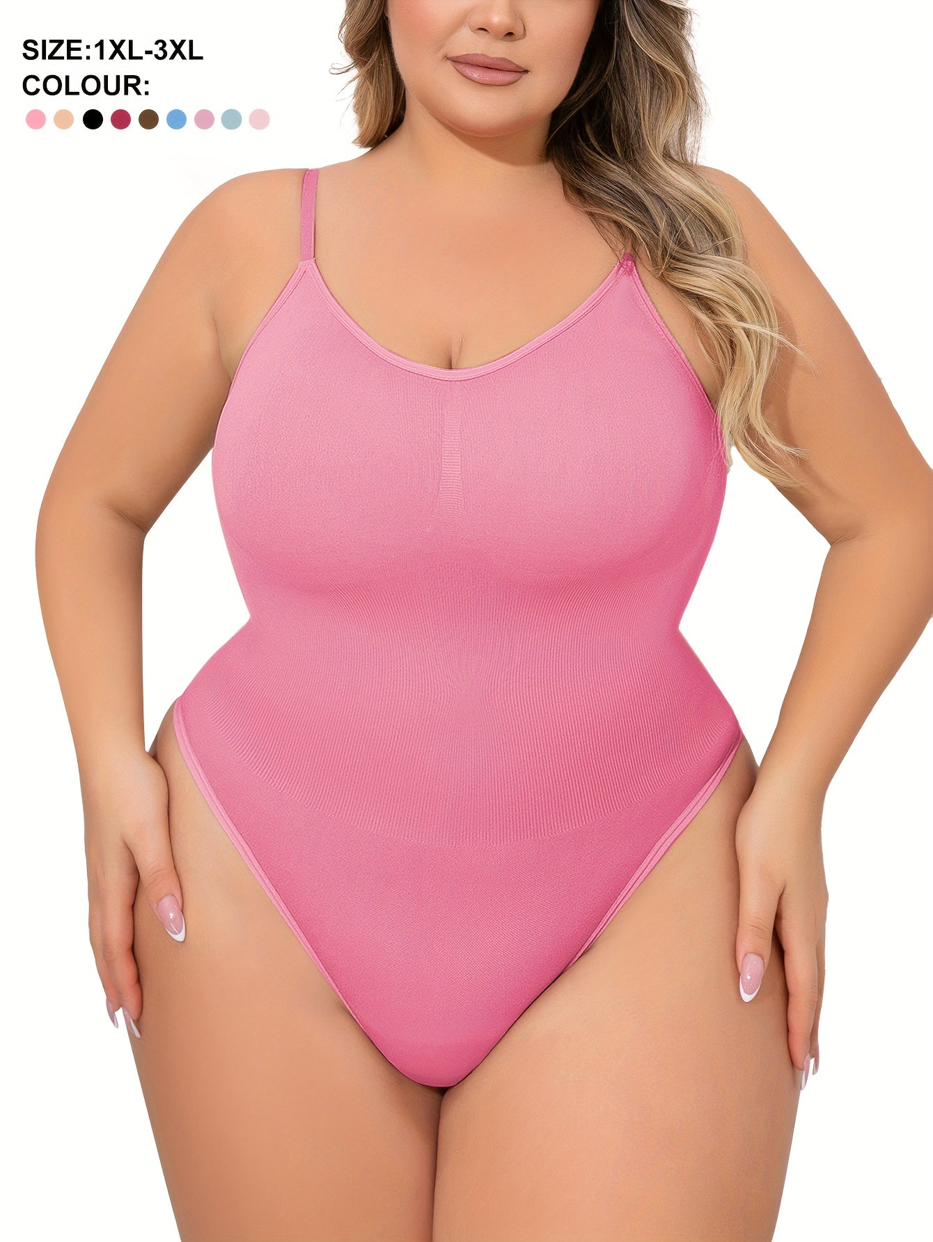 Plus Size Women's Adjustable Strap Bodysuit, One-piece Thong Bodysuit, Seamless Solid Color Bodysuit, Women's Underwear And Shapewear