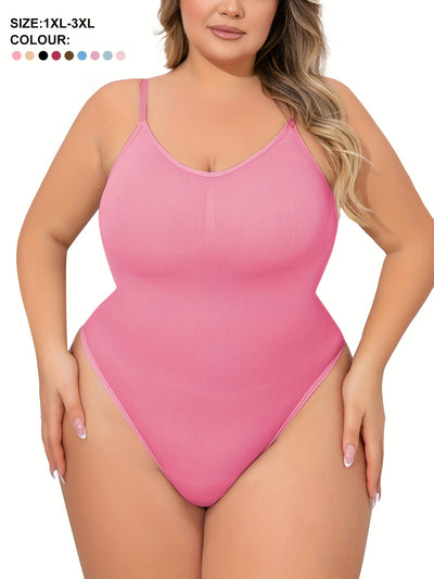 Plus Size Women's Adjustable Strap Bodysuit, One-piece Thong Bodysuit, Seamless Solid Color Bodysuit, Women's Underwear And Shapewear